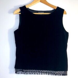 HP! XSCAPE Black Velvet Sleeveless Scoop Neck Top w Crochet Beaded Fringe (L)